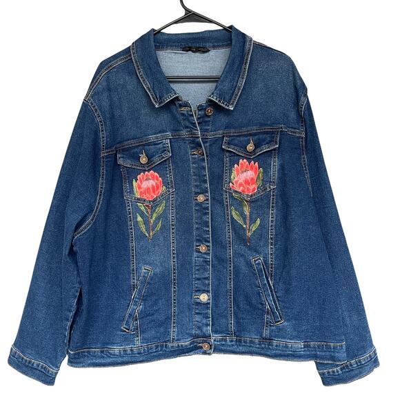 Miladys Denim Jacket Womens 22 Blue Floral Hand Painted Trucker Stretch Plus - Picture 1 of 10